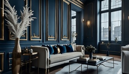 Luxury hall of an office, navy blue living room with designer decoration, created with generative AI