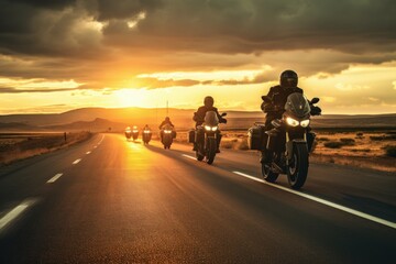 Group of motorcyclists traveling on a highway at golden hour with scenic landscape
