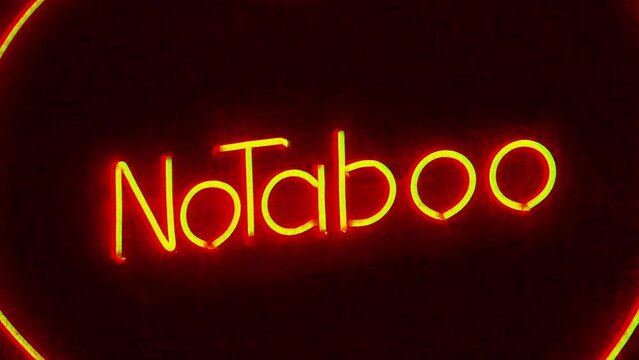 No Taboo inscription at sex shop window. Peccability and moral degradation of society, decline in morals