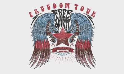 Eagle wing vector t-shirt design. Freedom music tour. Free spirit vintage artwork. America eagle rock and roll poster design. Music festival artwork.