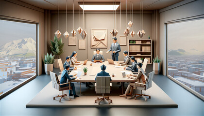 Origami Business Presentation in Conference Room: Detailed Close-Up of Paper Craft Figures and Presentation Board in Professional Meeting Setting, Muted Color Palette