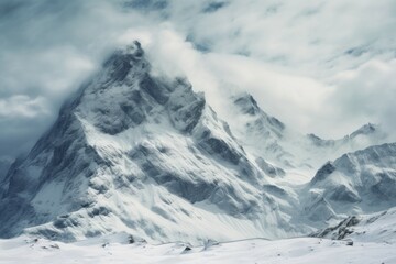 Naklejka premium The awe-inspiring landscape of a majestic snow-covered mountain peak in the winter alpine wilderness. With a serene and tranquil atmosphere under a cloudy sky
