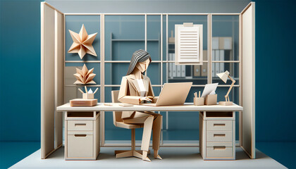 Professional Woman in Origami-Style Office Workspace: Artistic Paper Craft Design with Modern, Sophisticated Aesthetic and Subtle Glass Partitions