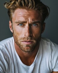 Fototapeta premium Handsome confident blond man, staring serious and cool at camera, wearing white t-shirt, white background