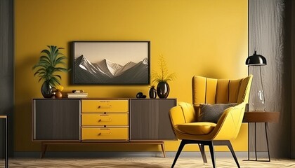 Yellow living room with retro style and modern furniture, created with generative AI
