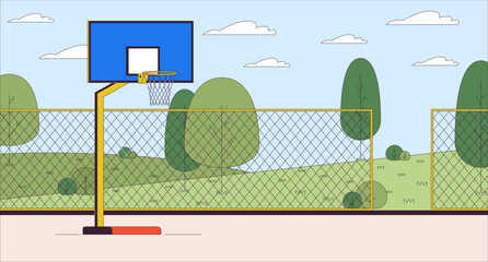 Basketball court cartoon flat illustration. Team ball game. Urban sportsground with equipment 2D line landscape colorful background. City park with sports field scene vector storytelling image © IMG visuals characte