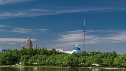 river Ishim timelapse, buildings, premises, tratuar and trees in park. Sunny day. Astana, Kazakhstan