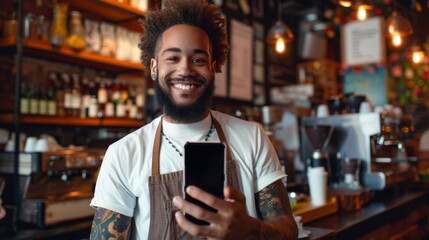 The Smiling Barista with Smartphone