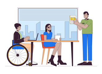Disabled people in office line cartoon flat illustration. Employees with disability 2D lineart characters isolated on white background. Inclusivity at workplace scene vector color image