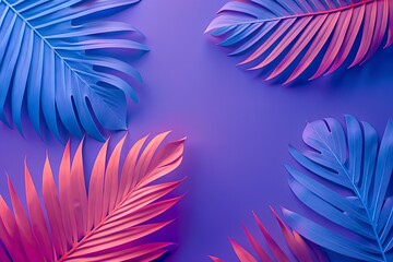colorful palm leaves on purple background with blank space
