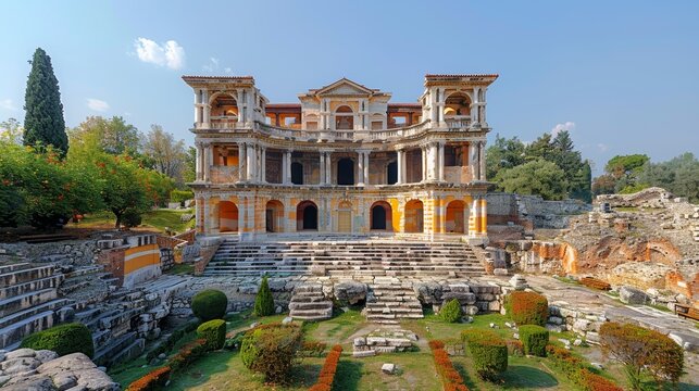 Stunning View of the Roman Theatre of Philippopolis in Plovdiv, Bulgaria Surrounded by Greenery