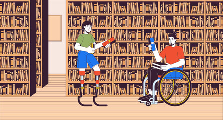 Disabled friends going to library cartoon flat illustration. Woman with prosthetic legs and wheelchaired man 2D line characters colorful background. Inclusion scene vector storytelling image