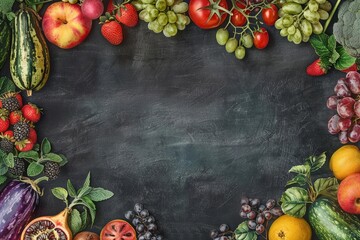 Design a chalkboard banner for a farmers market, featuring colorful fruits and vegetables