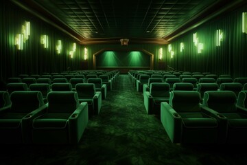 Naklejka premium Empty vintage cinema interior with rows of green seats and ambient lighting