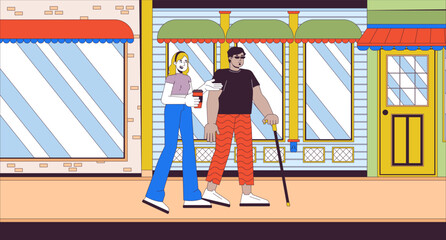 Diverse friends on walk in city cartoon flat illustration. Arab man with blindness and european female on street 2D line characters colorful background. Inclusion scene vector storytelling image