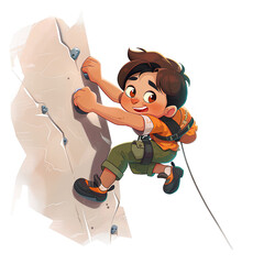 Young Boy Rock Climbing, Wearing Safety Gear and Focused Expression