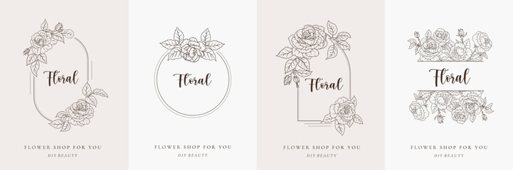 Set of rose flower frame logo line art. Botanical round ornament monogram. Floral roses wreath, border with branch and leaves. Elegant vintage simple emblem vector illustration