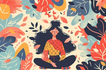 background with girl thinking positive, self care and mental health concept, illustration