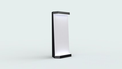 Black exhibition stand with spots and lights empty blank for presentation and advertising usage isolated on solid color perspective left view 3d rendering image