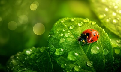 Ladybug on Green Leaf - Rain forest wallpaper background