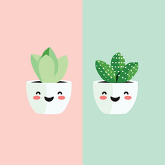Two cute smiling house plant characters in a pot vector illustration
