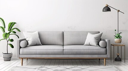 Livingroom interior wall mock up with gray fabric sofa and pillows on white background with free space on wall. 3d rendering. ai generative