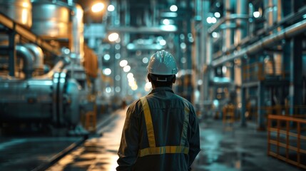 Across industrial facilities, an employee in a hard hat walks.