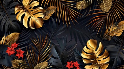 Beautiful botanical design with golden tropic jungle palm leaves, exotic red flower Wedding ceremony invitation card, Christmas greeting card with tropical black and gold leaves all over a dark