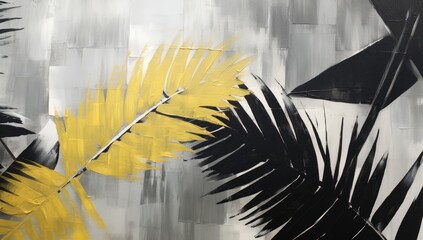 A painting of a leafy tree with yellow and black leaves. The painting is abstract and has a moody atmosphere