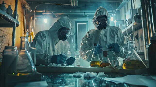 There are two clandestine chemists in the underground laboratory who prepare drugs, wear masks, coveralls, and work with toxic chemicals.