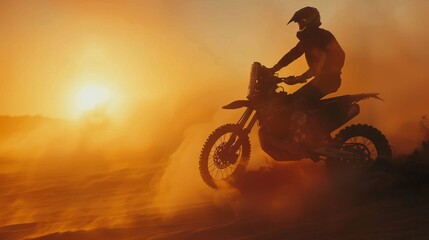 Footage of a professional Motocross motorcycle rider driving across the dunes and down the off-road tracks at sunset. There is smoke/mist covering the tracks.