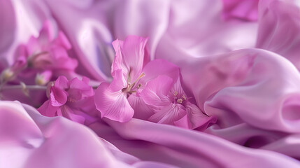 Obraz premium Delicate flowers on mauve satin fabric background, card, invitation. Romantic design. Copy space