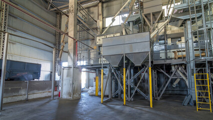 Electrical mill machinery and elevator for the production of seeds timelapse hyperlapse. Grain equipment.