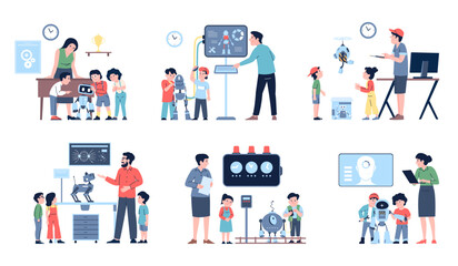 Robotics lesson and offline courses for children. Teachers and students developing and programming robots, cyborgs, androids, recent vector scenes