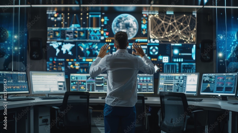 Poster an engineer in the high-tech facility makes a thinking gesture in the system control room. multiple 