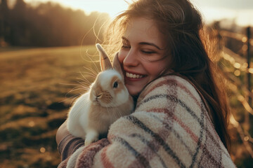 Farm Life. A happy woman smiles while holding a small white rabbit in her arms. Womens Equality Day