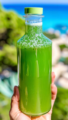 bottle of green drink in your hand