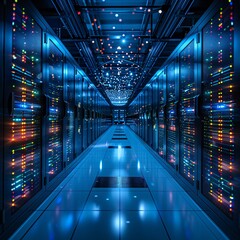 A high-tech data center, with rows of glowing servers for High-Capacity Computing Needs.