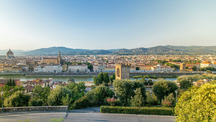Florence landscape from above timelapse, panorama on historical view from Piazzale Michelangelo point. Italy.