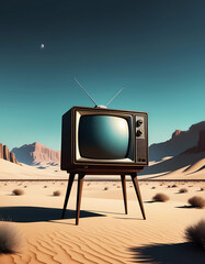 Old TV standing in the middle of the desert
