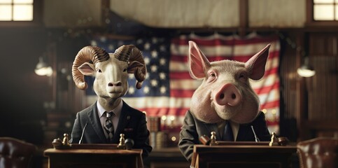 A ram and a pig, dressed in formal business suits, stand in a courtroom setting with the American flag in the background.