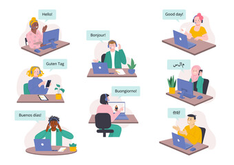 Hotline service. Call center workers welcoming clients. Office characters using smartphones and computers. Customer support splendid vector set © LadadikArt