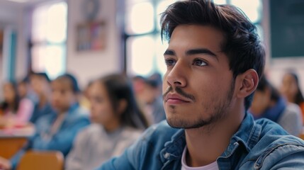 Fototapeta premium Stunning and smart Hispanic man listens to a lecture in a classroom full of multi-ethnic students. Shallow depth of field.