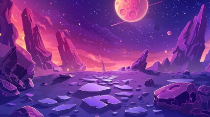 Fototapeta premium Cartoon fantasy illustration of purple galaxy sky with moon and ground surface with rocks. Modern cartoon fantasy illustration of alien planet with craters and lighted cracks.