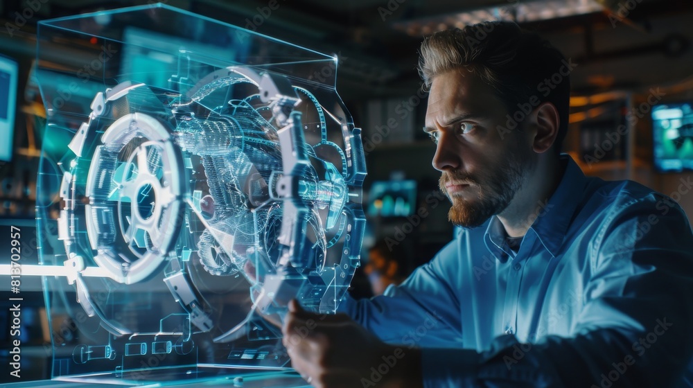 Poster future engineer constructs 3d model of nextgen gear box on transparent computer display. he works in