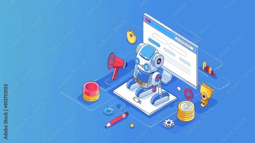 Poster an isometric icon banner for keyword research tool with a blue background. an artificial intelligenc