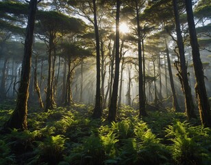 A panoramic view of a vast kelp forest stretching as far as the eye can see, with sunlight filtering through the towering fronds.