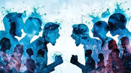 Business conflict resolution, silhouetted figures in various poses of discussion and conflict, with a vibrant blue and red watercolor backdrop.