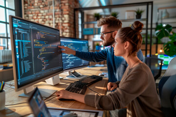 In a vibrant tech office, a male developer and a female programmer engage in a collaborative coding session. Complex code displayed across multiple screens, teamwork and innovation.