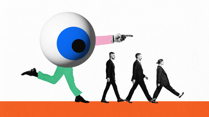 Poster. Contemporary art collage. Man with eyeball instead of body pointing to crowd in monochrome...